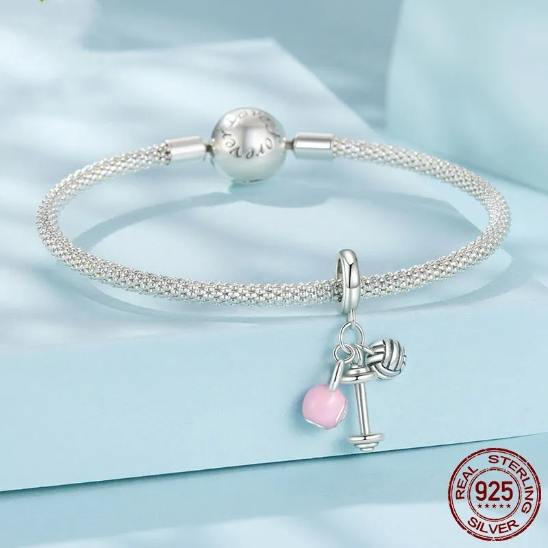 S925 sterling silver kettlebell volleyball dumbbell pendant bead with dripping oil colour finish