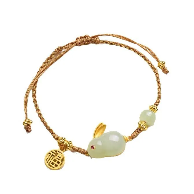 Yellow string bracelet with a geometric Hetian jade rabbit charm for women.
