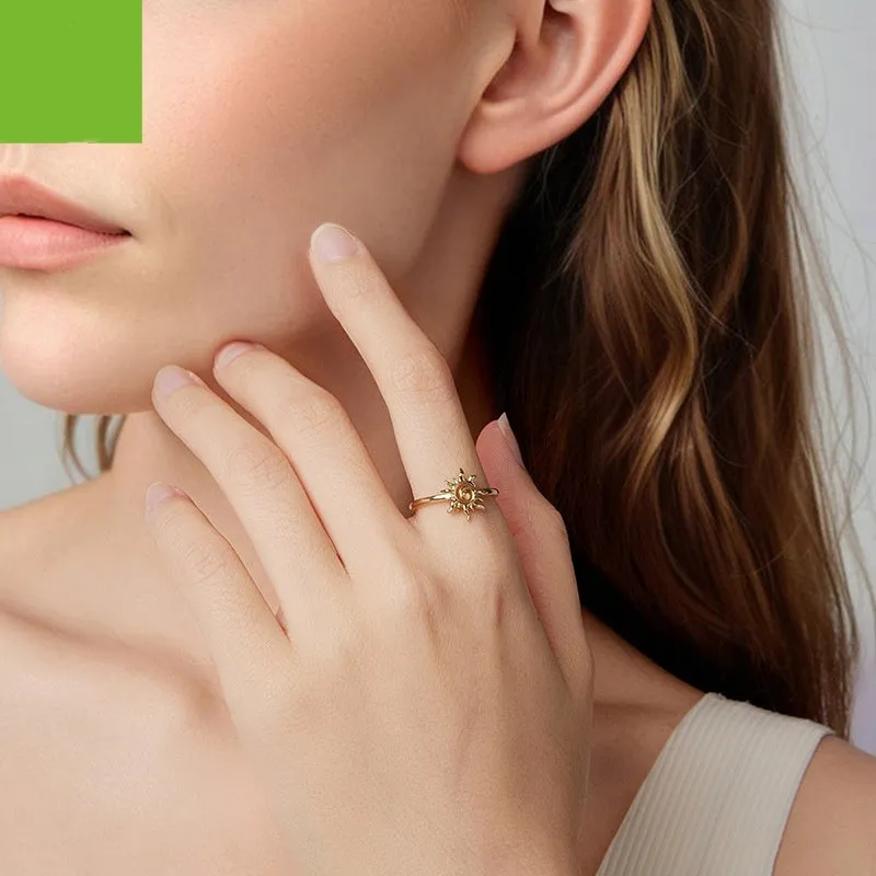 S925 sterling silver ring with 14K gold plating, sun motif, adjustable open mouth, colour BSR709-E