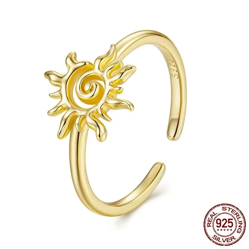 S925 sterling silver ring with 14K gold plating, sun motif, adjustable open mouth, colour BSR709-E