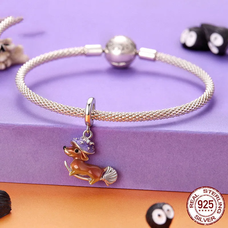 925 sterling silver Halloween magic sausage dog pendant part with pumpkin skull design, 2.4 cm height