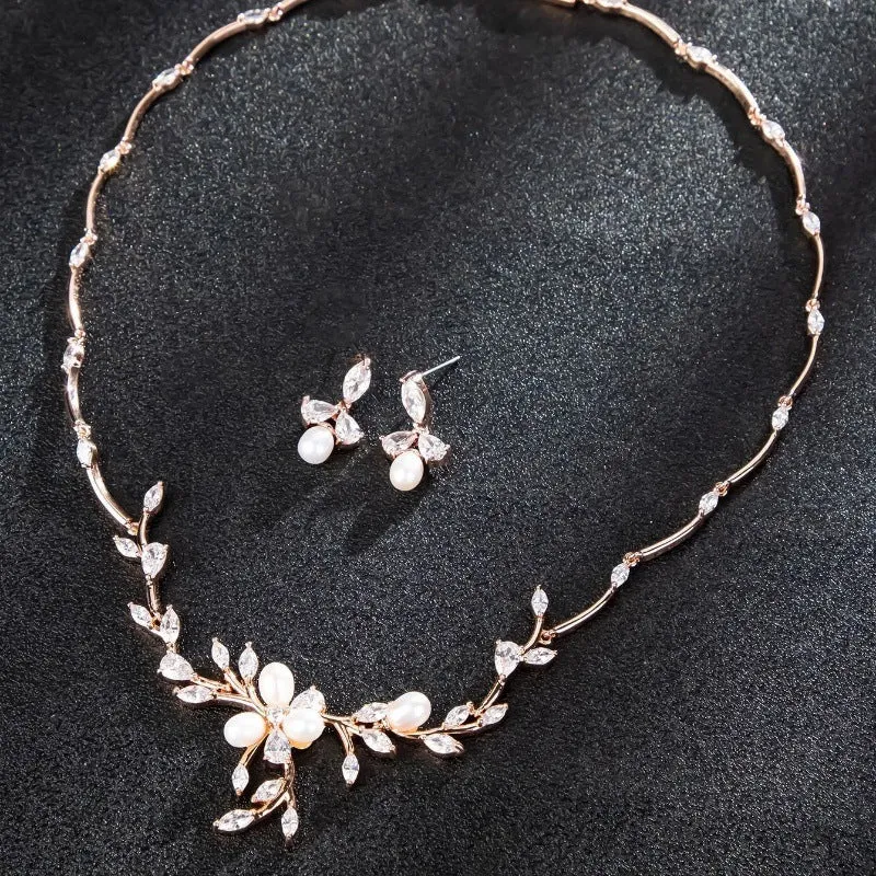 Sweet Pearl Zircon ear stud and necklace jewellery suit in copper alloy with electroplated finish