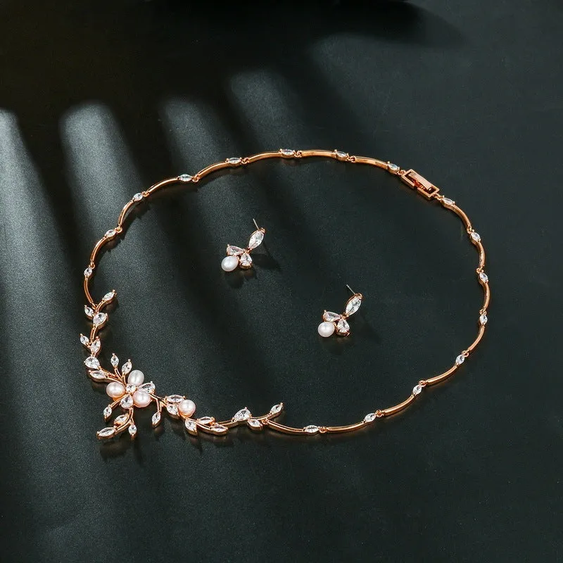 Sweet Pearl Zircon ear stud and necklace jewellery suit in copper alloy with electroplated finish