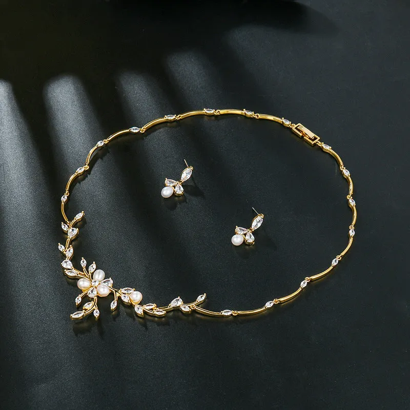 Sweet Pearl Zircon ear stud and necklace jewellery suit in copper alloy with electroplated finish