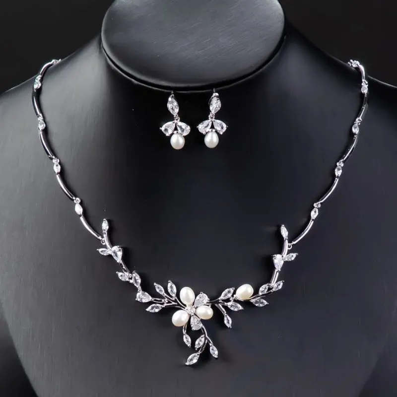 Sweet Pearl Zircon ear stud and necklace jewellery suit in copper alloy with electroplated finish