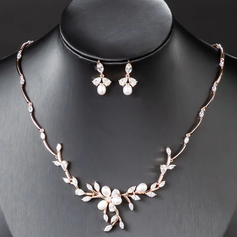 Sweet Pearl Zircon ear stud and necklace jewellery suit in copper alloy with electroplated finish