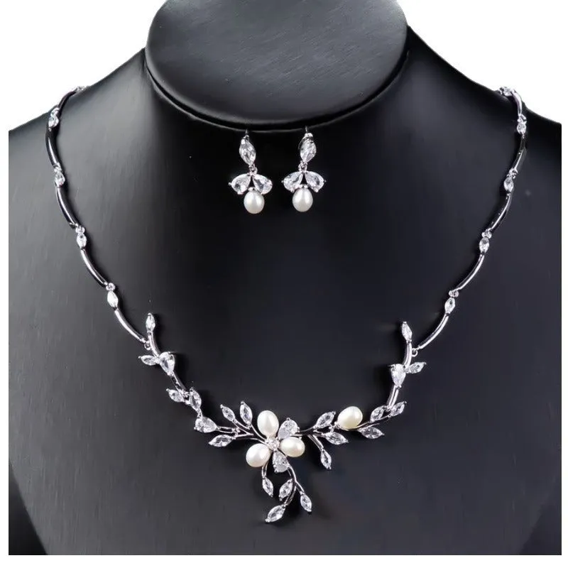 Sweet Pearl Zircon ear stud and necklace jewellery suit in copper alloy with electroplated finish