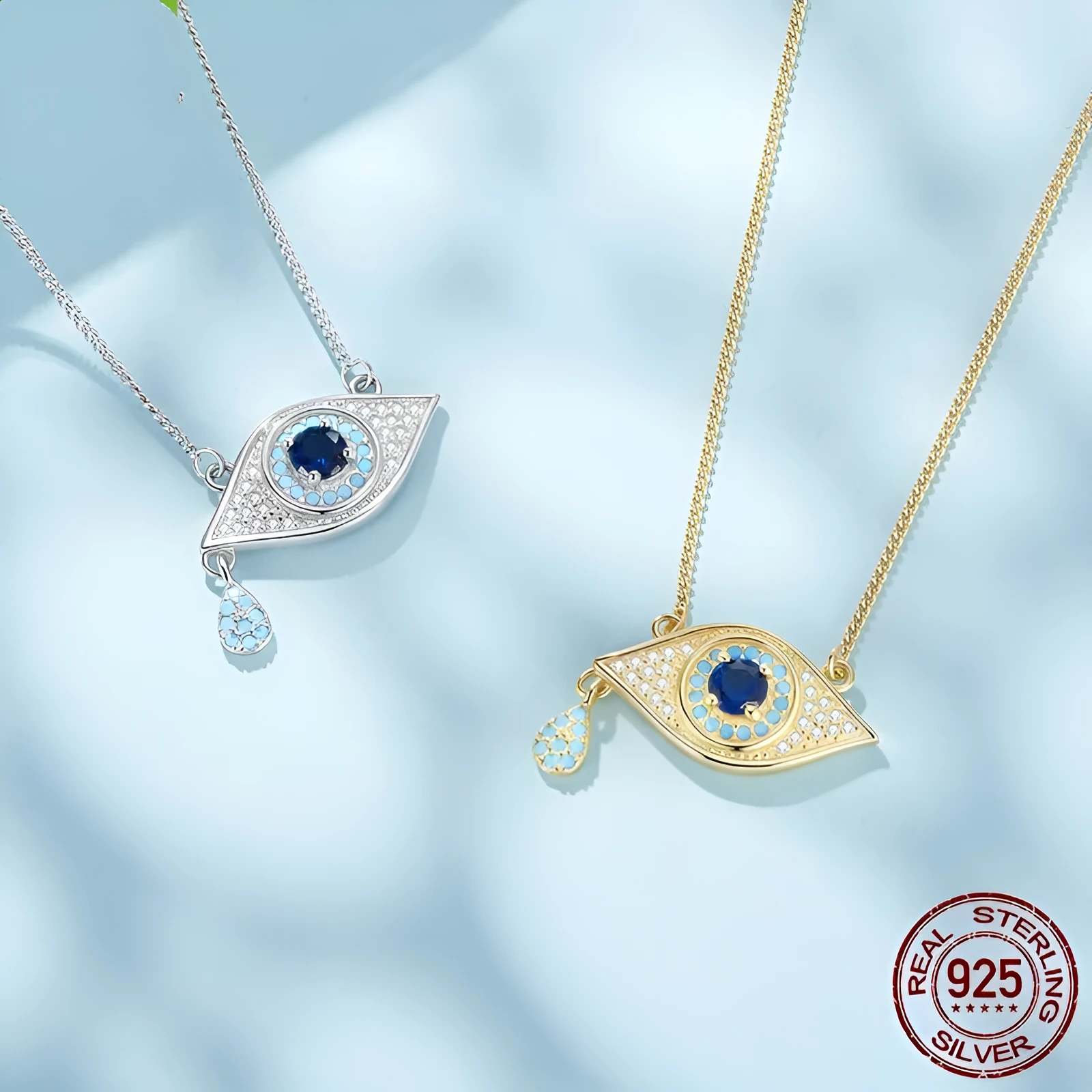 925 sterling silver devil's eye necklace in gold and silver electroplated finish with adjustable chain