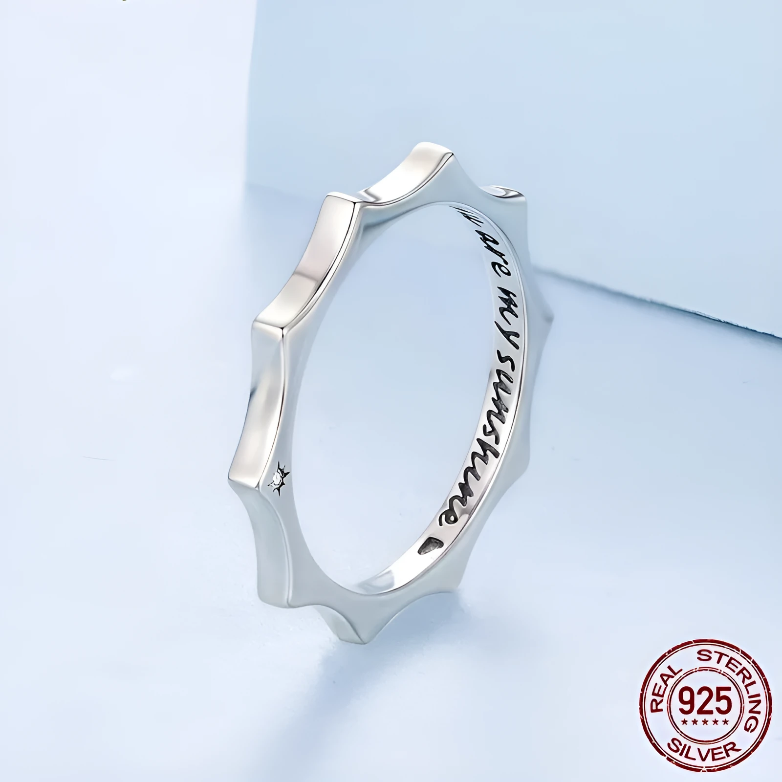 S925 sterling silver sun ring with original English lettering on white background