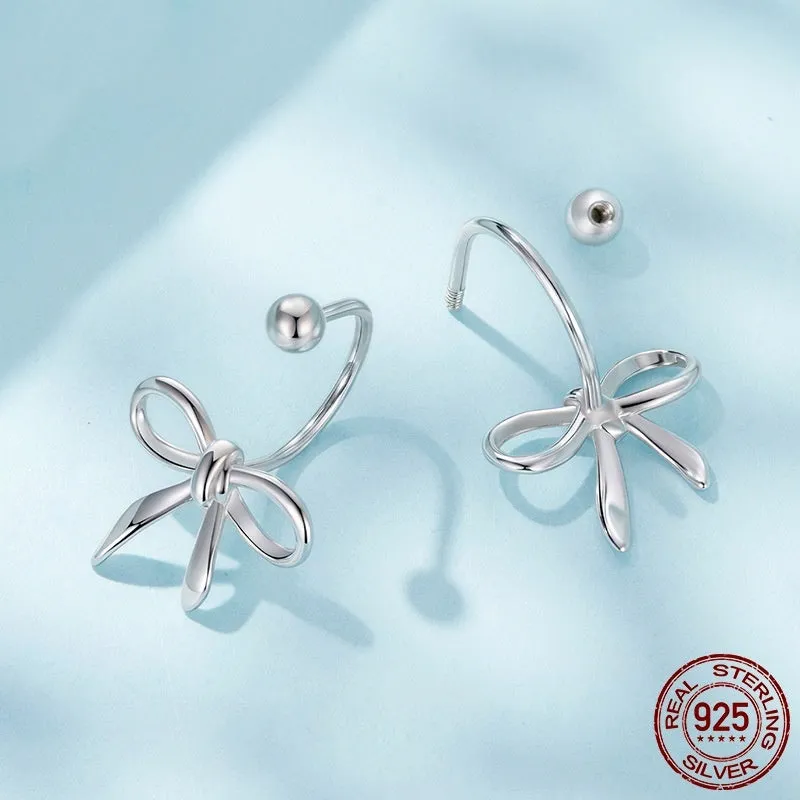 Women's S925 sterling silver bow stud earrings, polished silver finish, 1.2 cm bow shape on white background