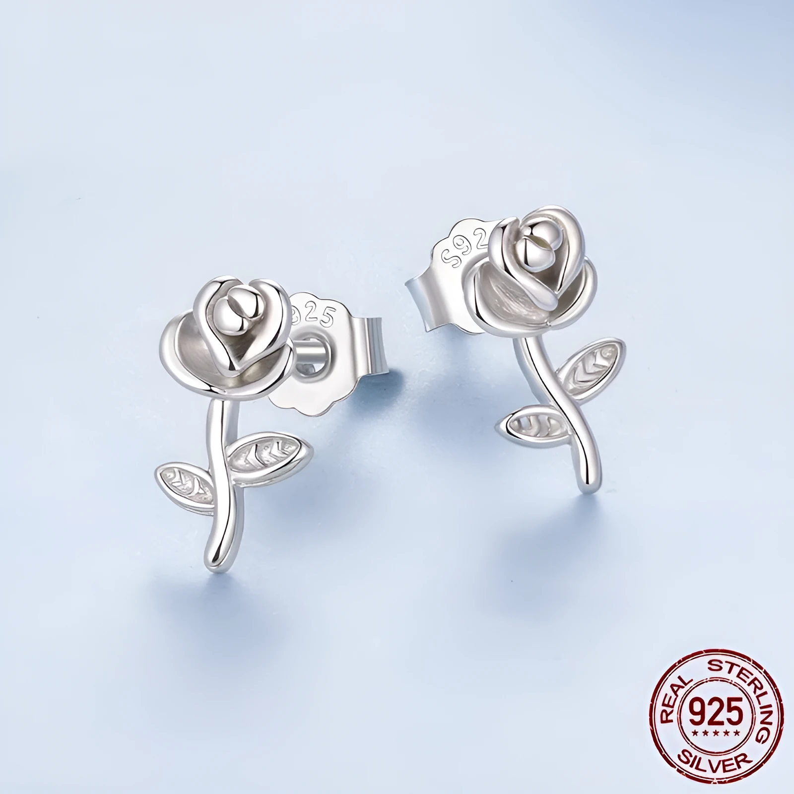 Three-dimensional rose stud earrings in S925 sterling silver, colour BSE1246, fairy style floral design