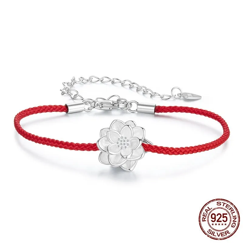 Original S925 silver lotus red rope bracelet for women, simple floral design on white background