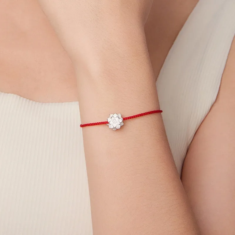 Original S925 silver lotus red rope bracelet for women, simple floral design on white background