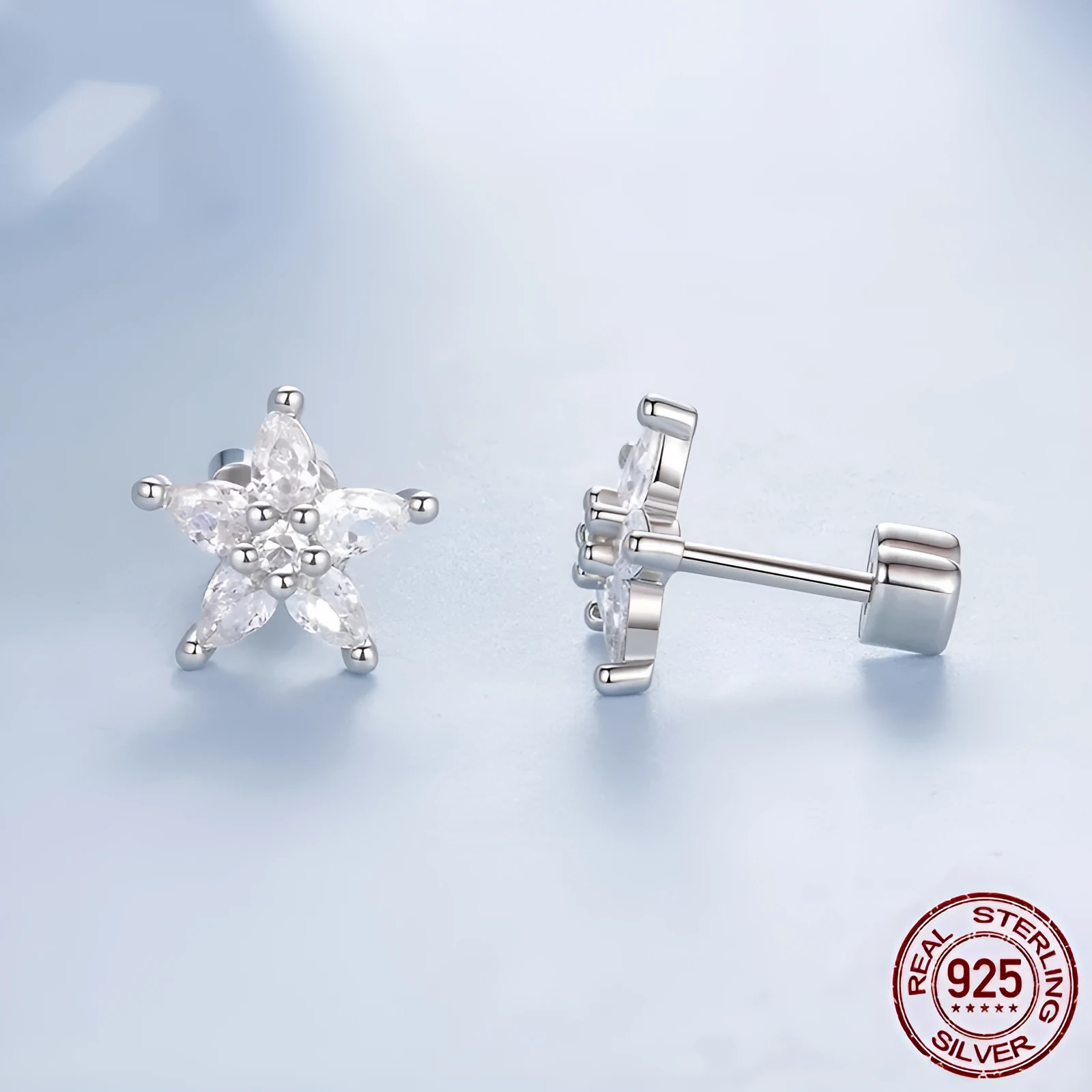 Original Shining Zircon Small Flower Ear Studs for women, silver construction with shining zircon centre, Christmas style