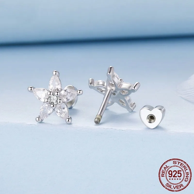 Original Shining Zircon Small Flower Ear Studs for women, silver construction with shining zircon centre, Christmas style