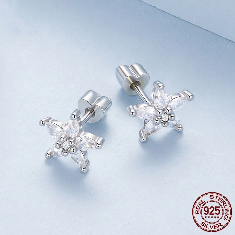 Original Shining Zircon Small Flower Ear Studs for women, silver construction with shining zircon centre, Christmas style
