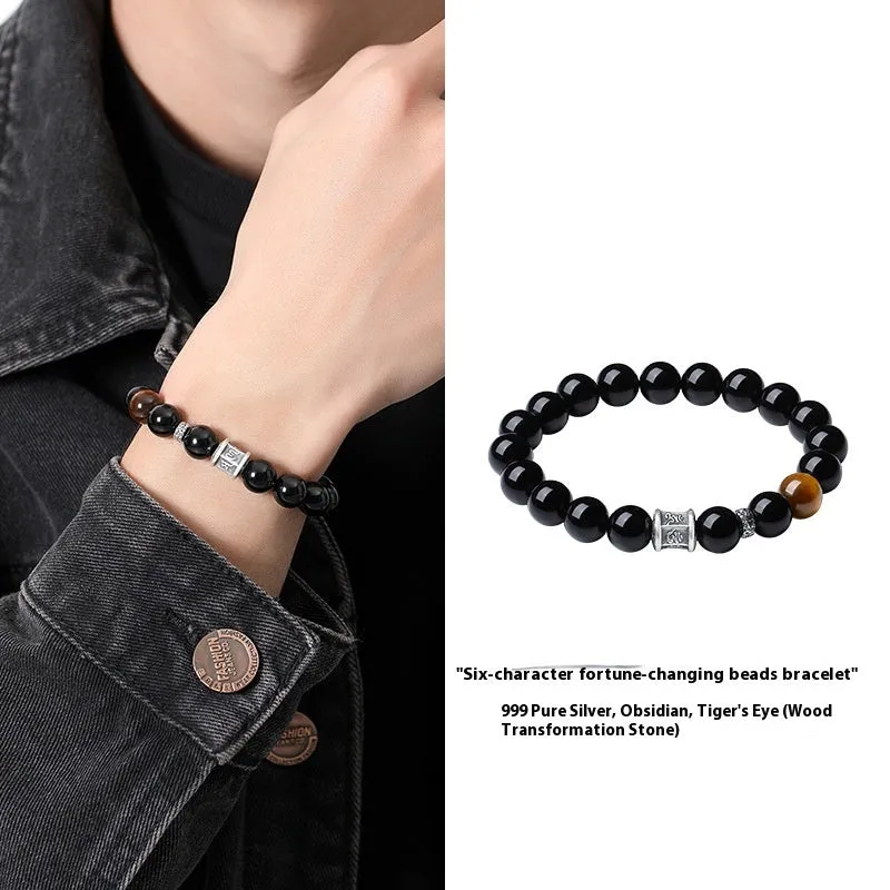 Black obsidian and pure silver prayer wheel bracelet for men with hand-woven construction
