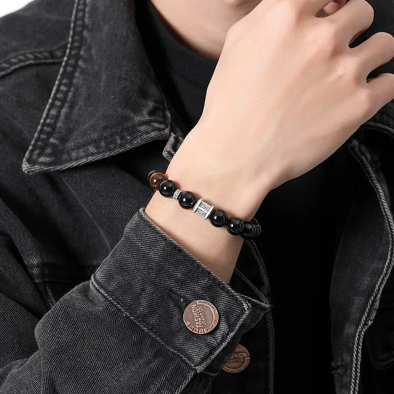 Black obsidian and pure silver prayer wheel bracelet for men with hand-woven construction