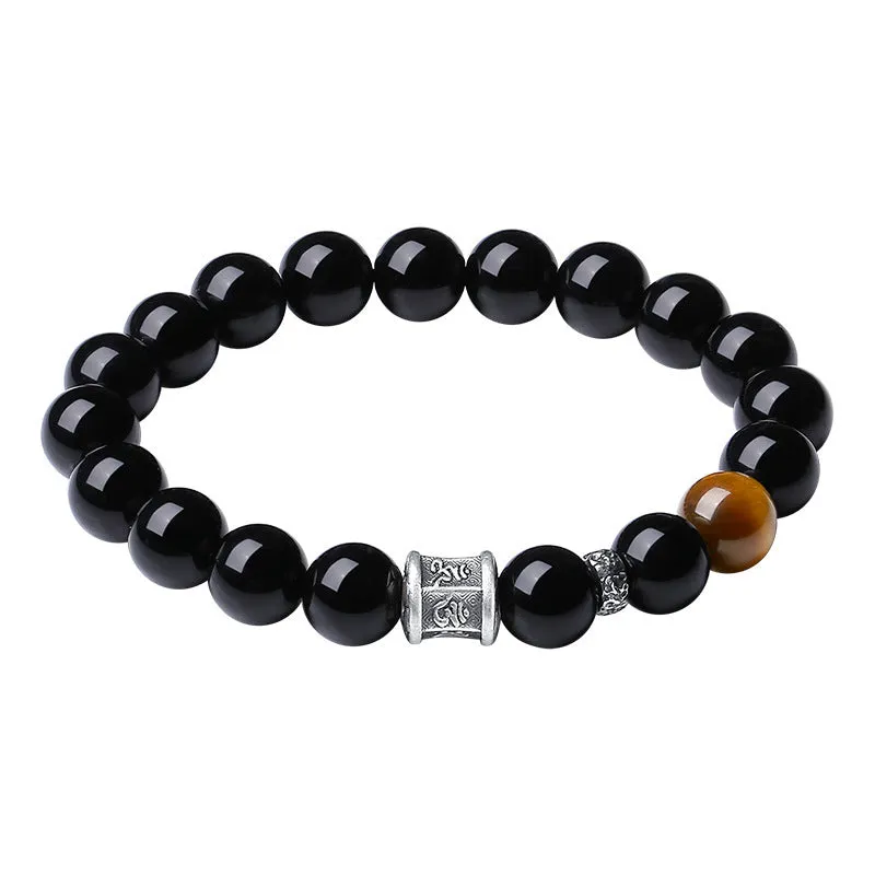 Black obsidian and pure silver prayer wheel bracelet for men with hand-woven construction