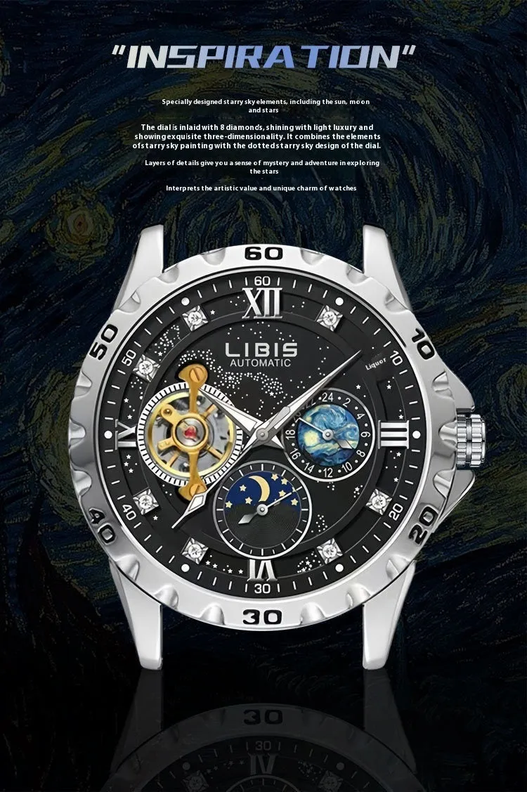 Men's silver case automatic watch with black starry luminous dial on a black steel belt.