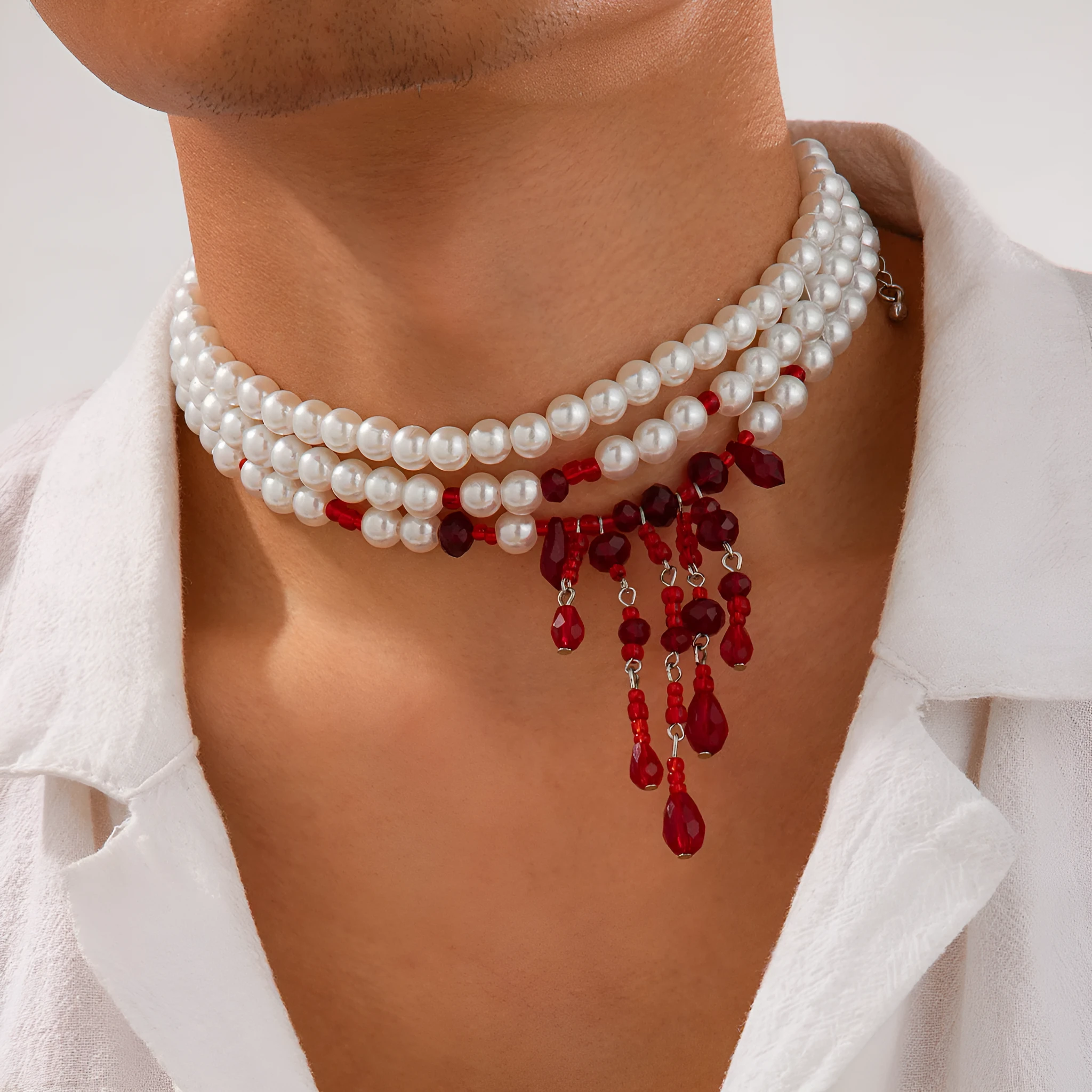 Halloween blood drop geometric pendant necklace with crystal and pearl elements on adjustable chain