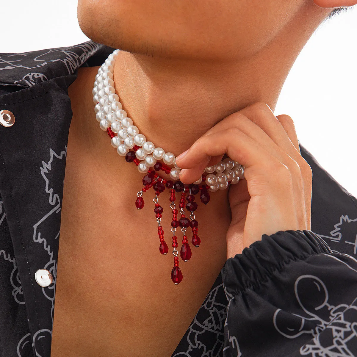 Halloween blood drop geometric pendant necklace with crystal and pearl elements on adjustable chain