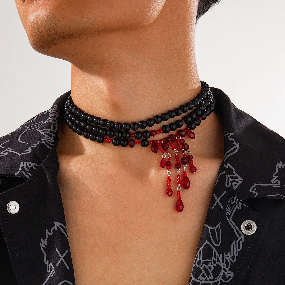 Halloween blood drop geometric pendant necklace with crystal and pearl elements on adjustable chain