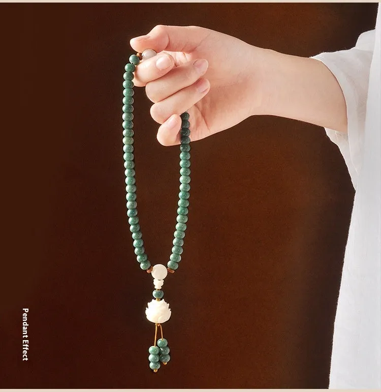 White jade and green sandalwood bodhi seed bracelet with double circle safety buckle and lotus design