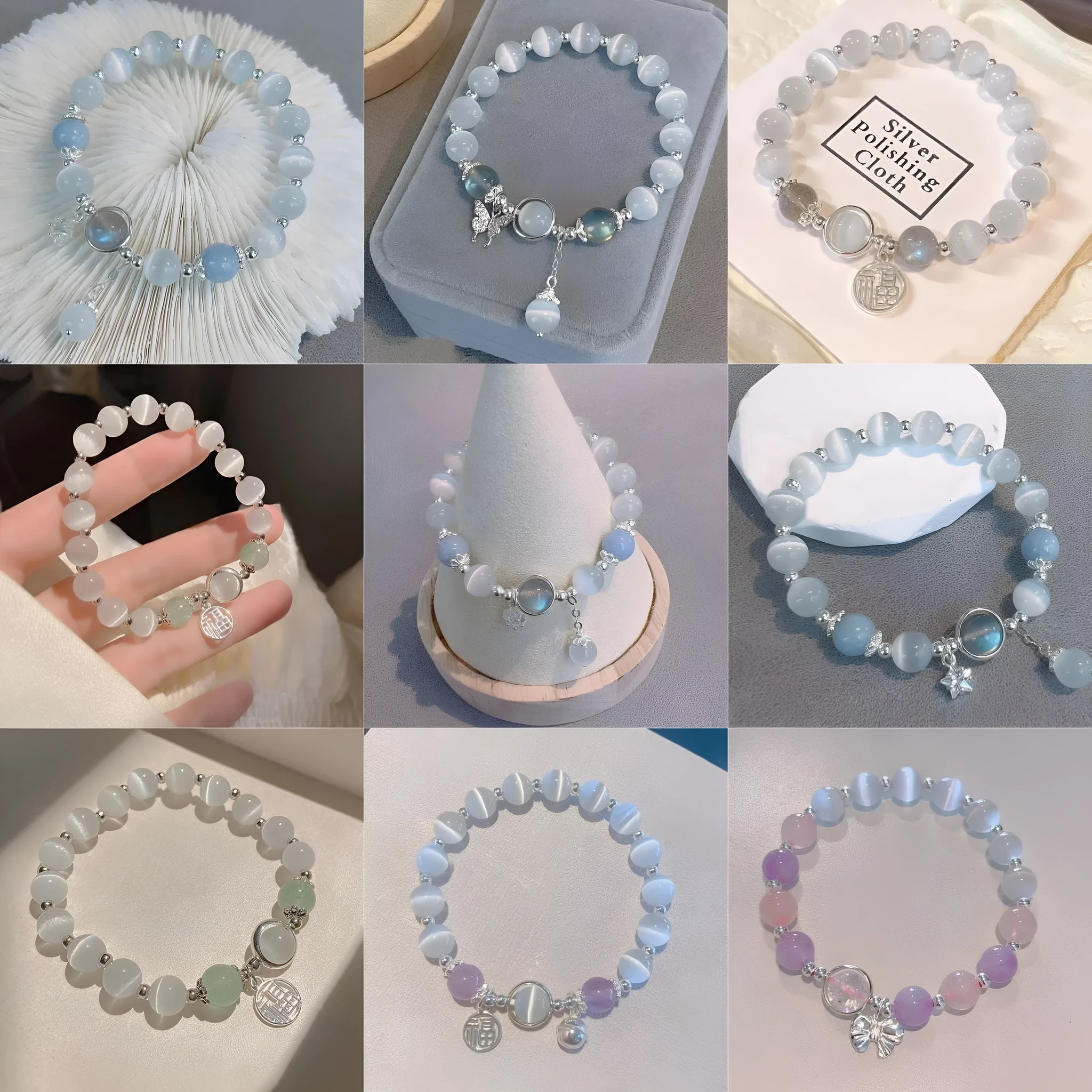 Glass butterfly bracelet for women with drop-shaped coloured glaze beads in grey moonlight colour option