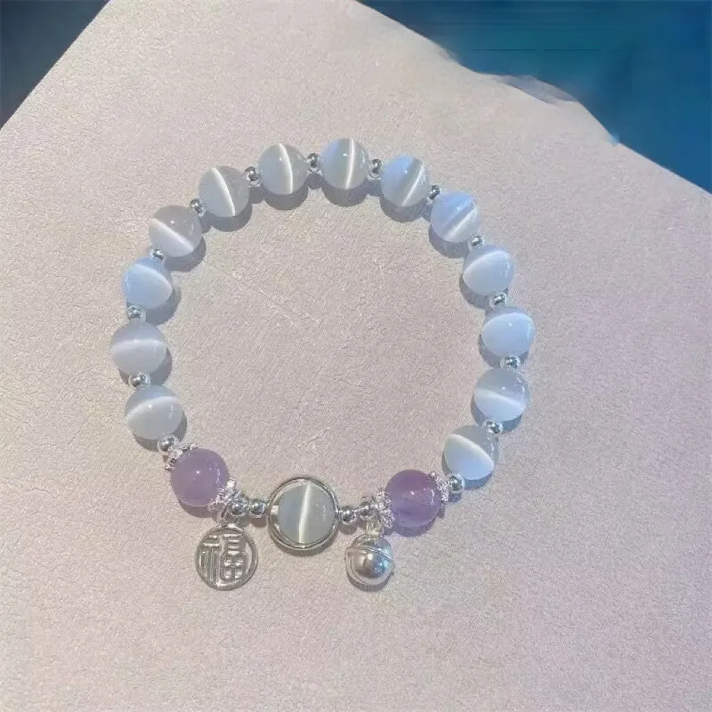 Glass butterfly bracelet for women with drop-shaped coloured glaze beads in grey moonlight colour option