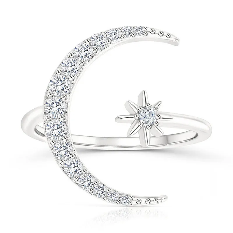 S925 sterling silver star moon adjustable opening ring for women in gold colour