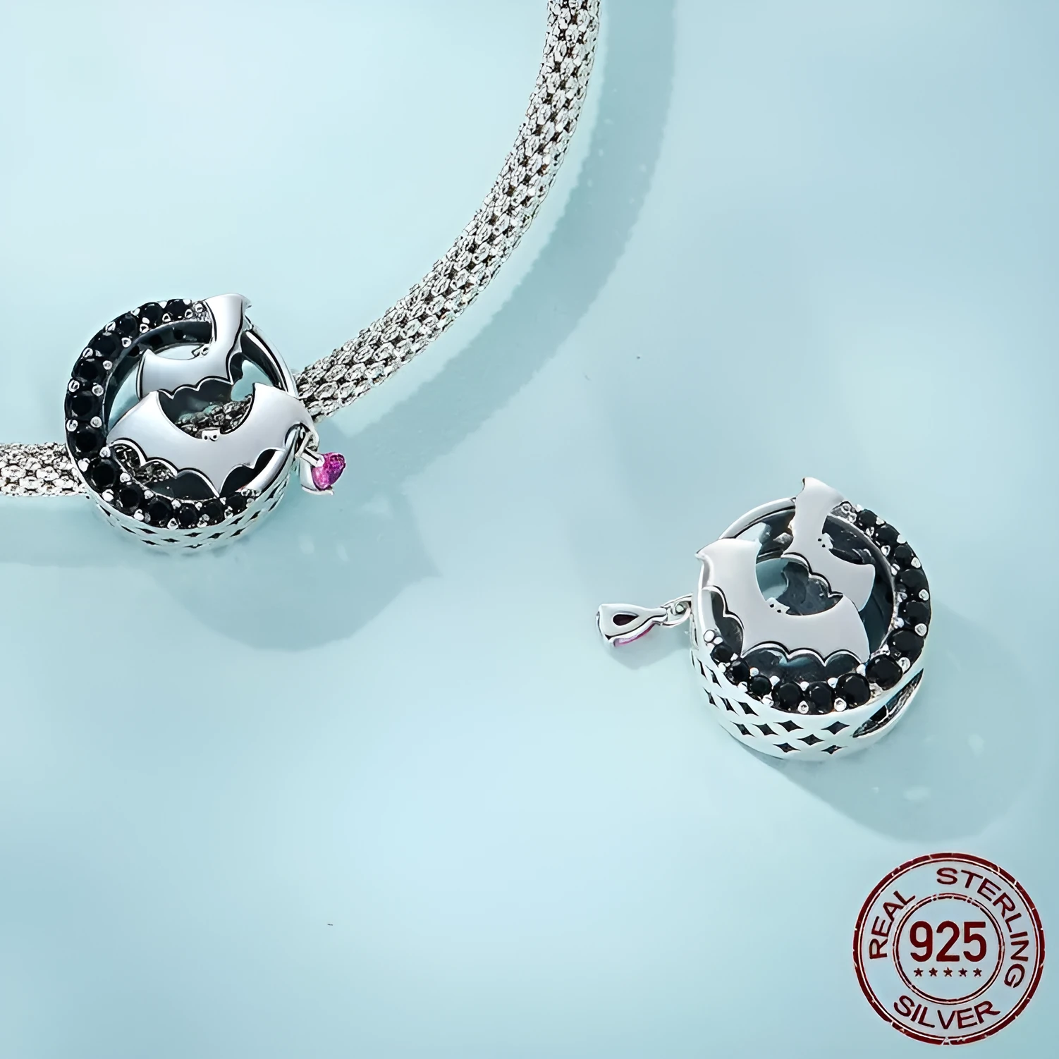 Halloween black zircon moon bead in 925 silver with dripping oil treatment, 1.6 x 1.3cm
