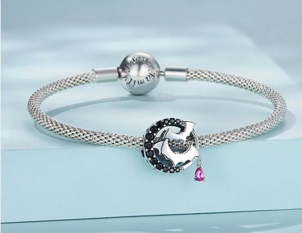 Halloween black zircon moon bead in 925 silver with dripping oil treatment, 1.6 x 1.3cm