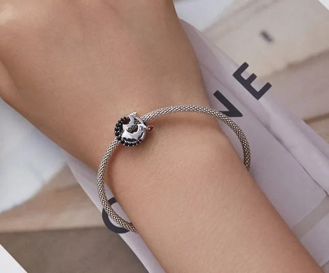 Halloween black zircon moon bead in 925 silver with dripping oil treatment, 1.6 x 1.3cm