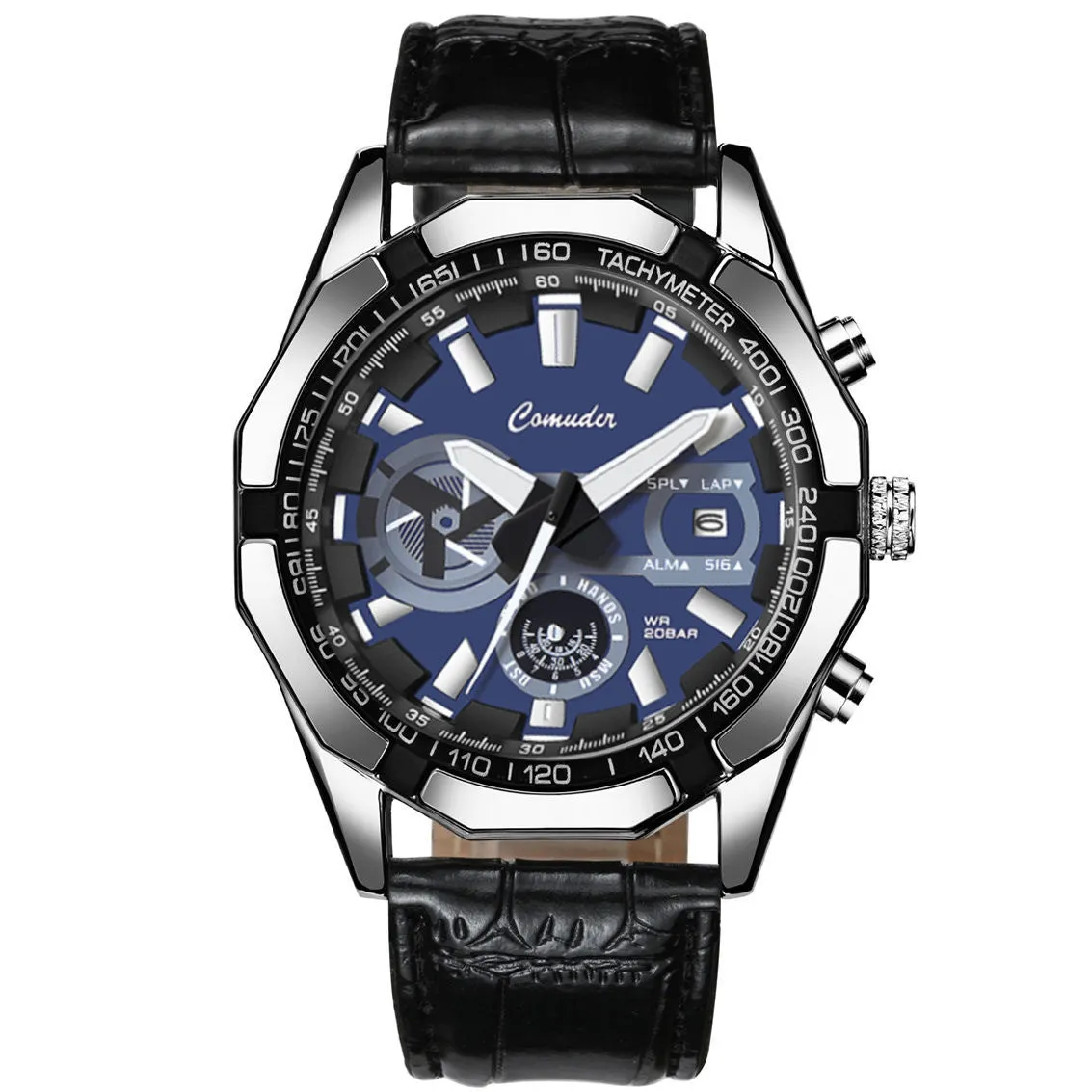 Mens waterproof luminous large dial sports watch with silver steel case and blue surface, 10mm thickness