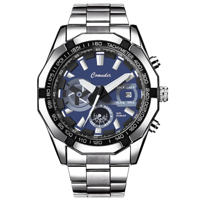 Mens waterproof luminous large dial sports watch with silver steel case and blue surface, 10mm thickness