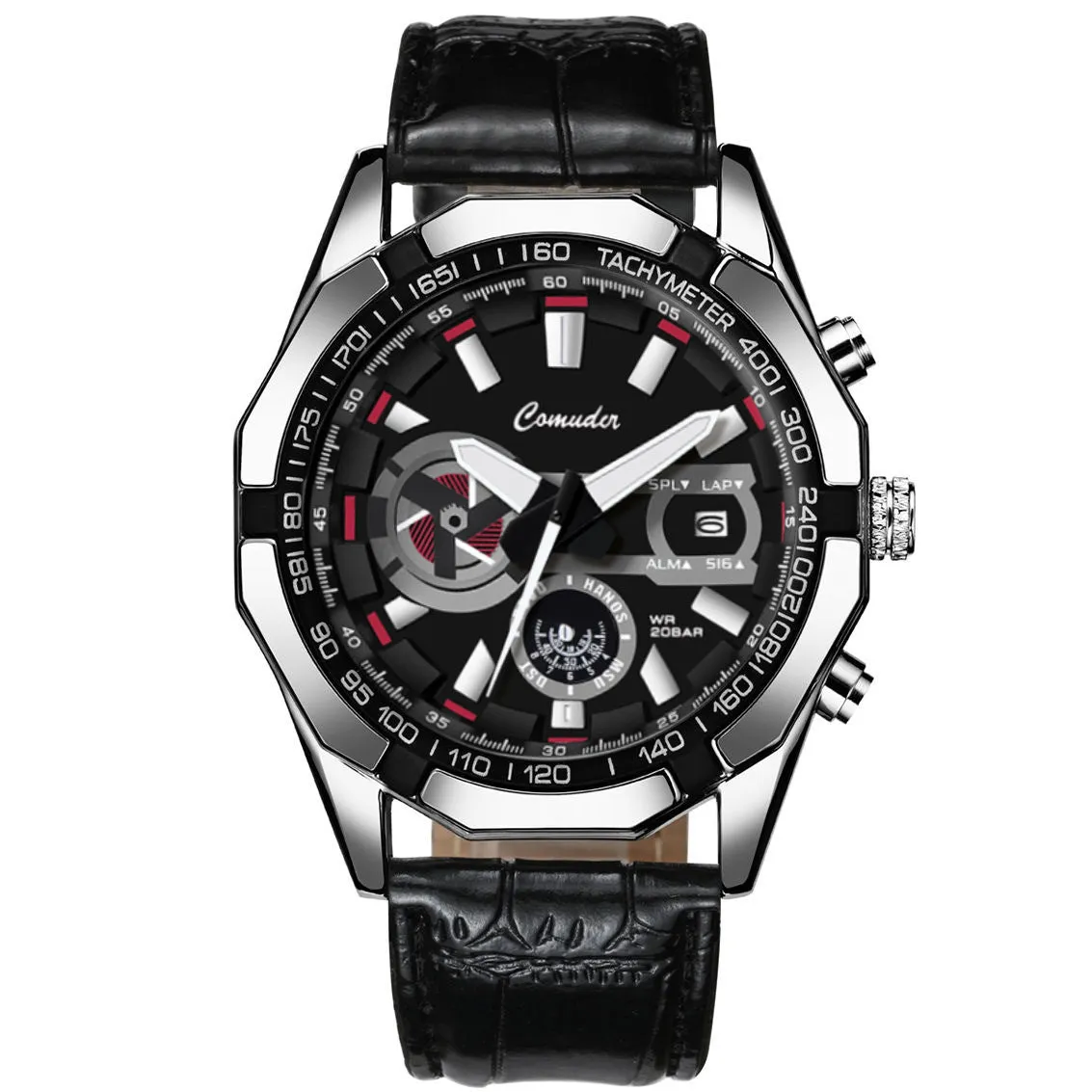 Mens waterproof luminous large dial sports watch with silver steel case and blue surface, 10mm thickness