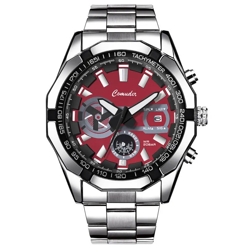 Mens waterproof luminous large dial sports watch with silver steel case and blue surface, 10mm thickness