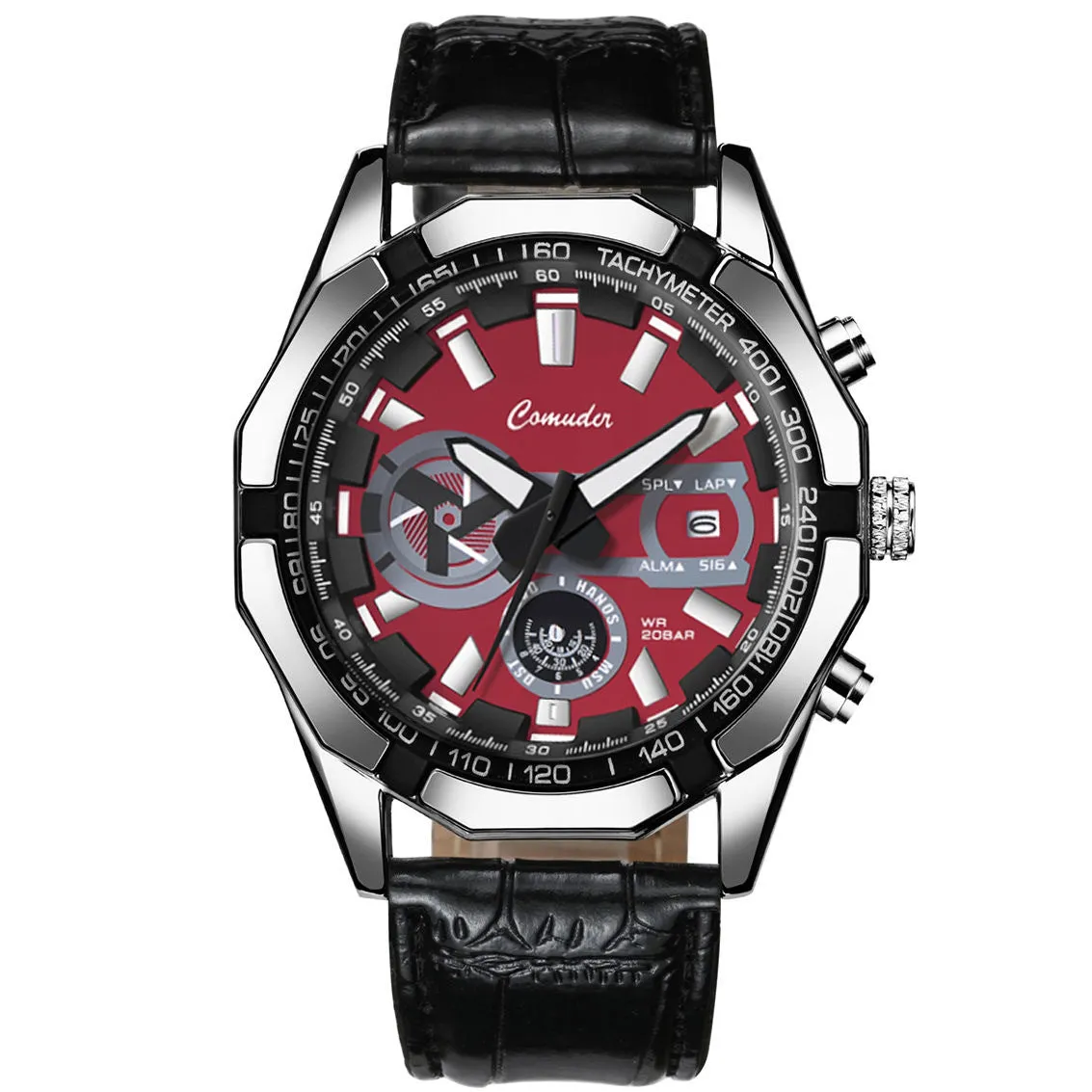 Mens waterproof luminous large dial sports watch with silver steel case and blue surface, 10mm thickness