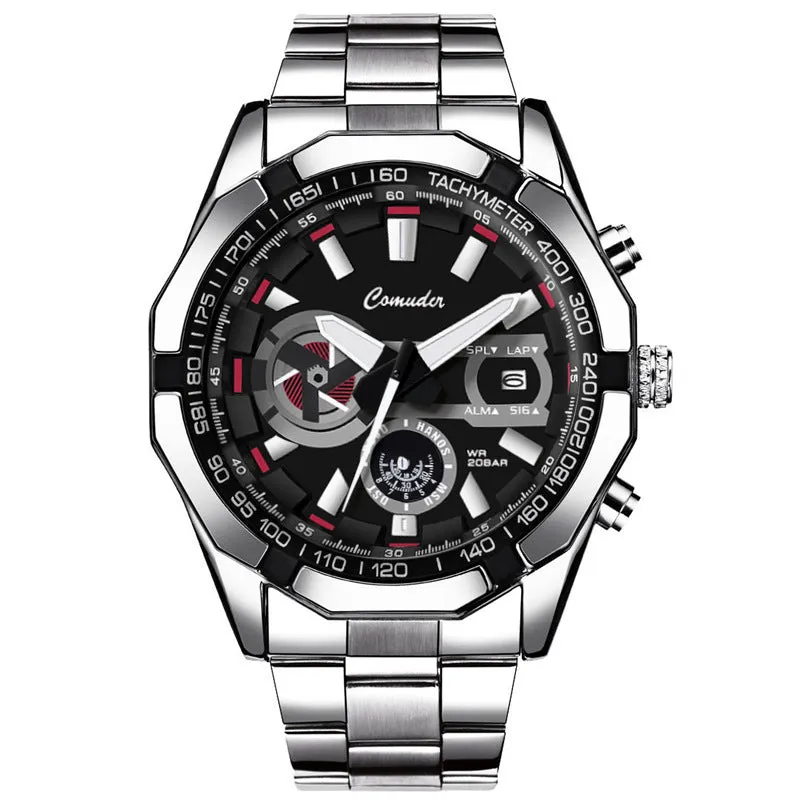 Mens waterproof luminous large dial sports watch with silver steel case and blue surface, 10mm thickness