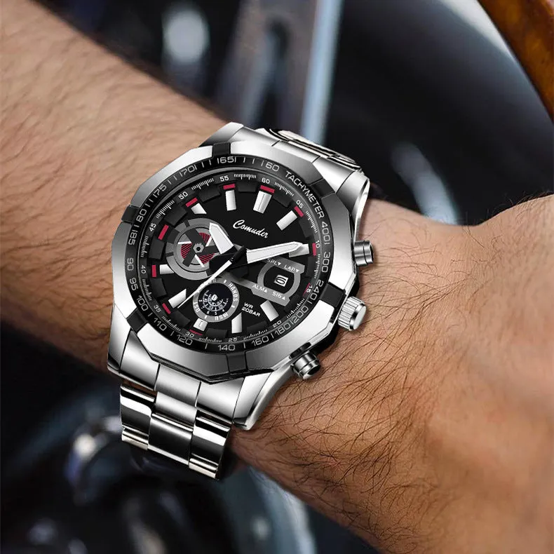 Mens waterproof luminous large dial sports watch with silver steel case and blue surface, 10mm thickness