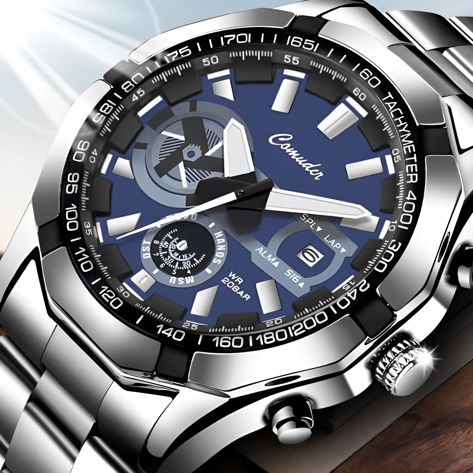 Mens waterproof luminous large dial sports watch with silver steel case and blue surface, 10mm thickness