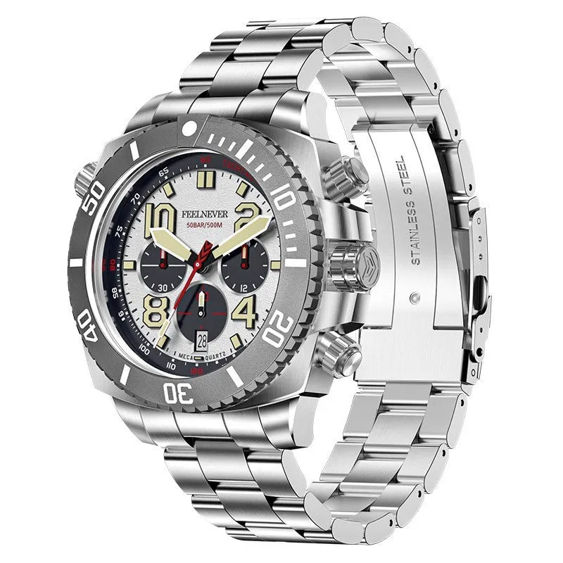 Business men's mechanical watch with luminous dial and steel belt in silver blue colour