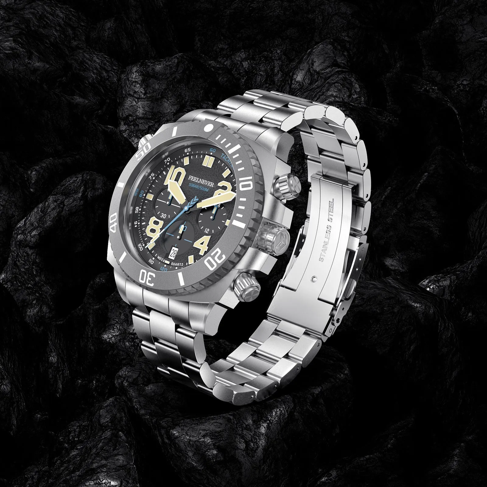 Business men's mechanical watch with luminous dial and steel belt in silver blue colour