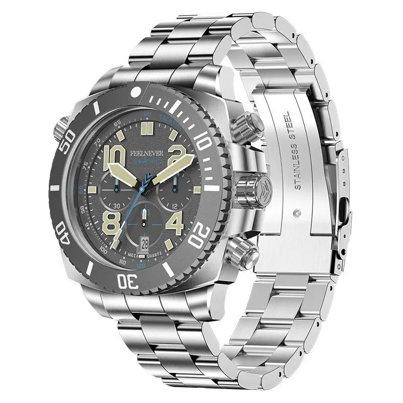 Business men's mechanical watch with luminous dial and steel belt in silver blue colour