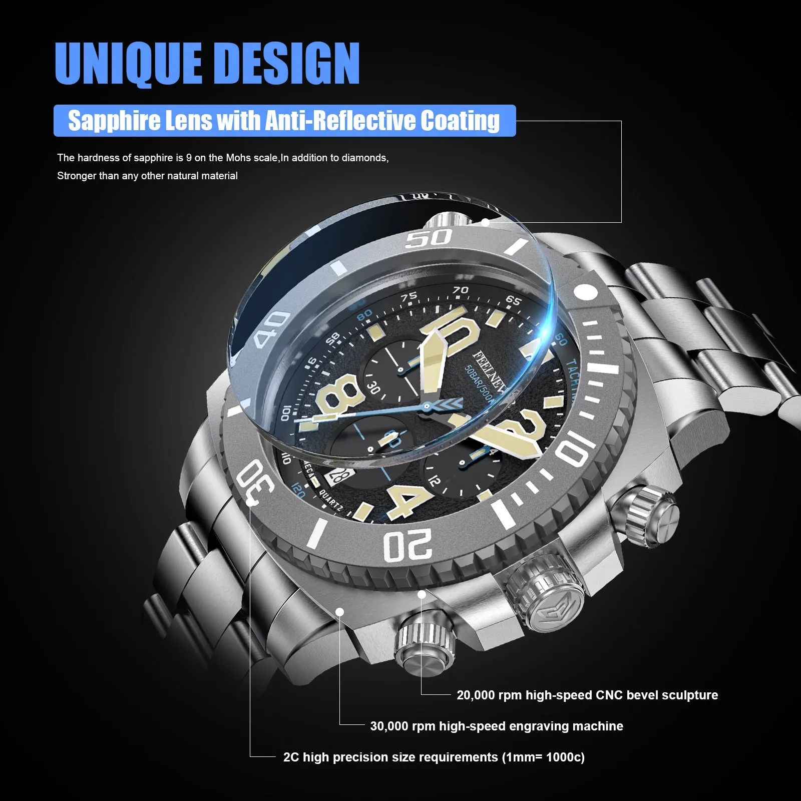 Business men's mechanical watch with luminous dial and steel belt in silver blue colour