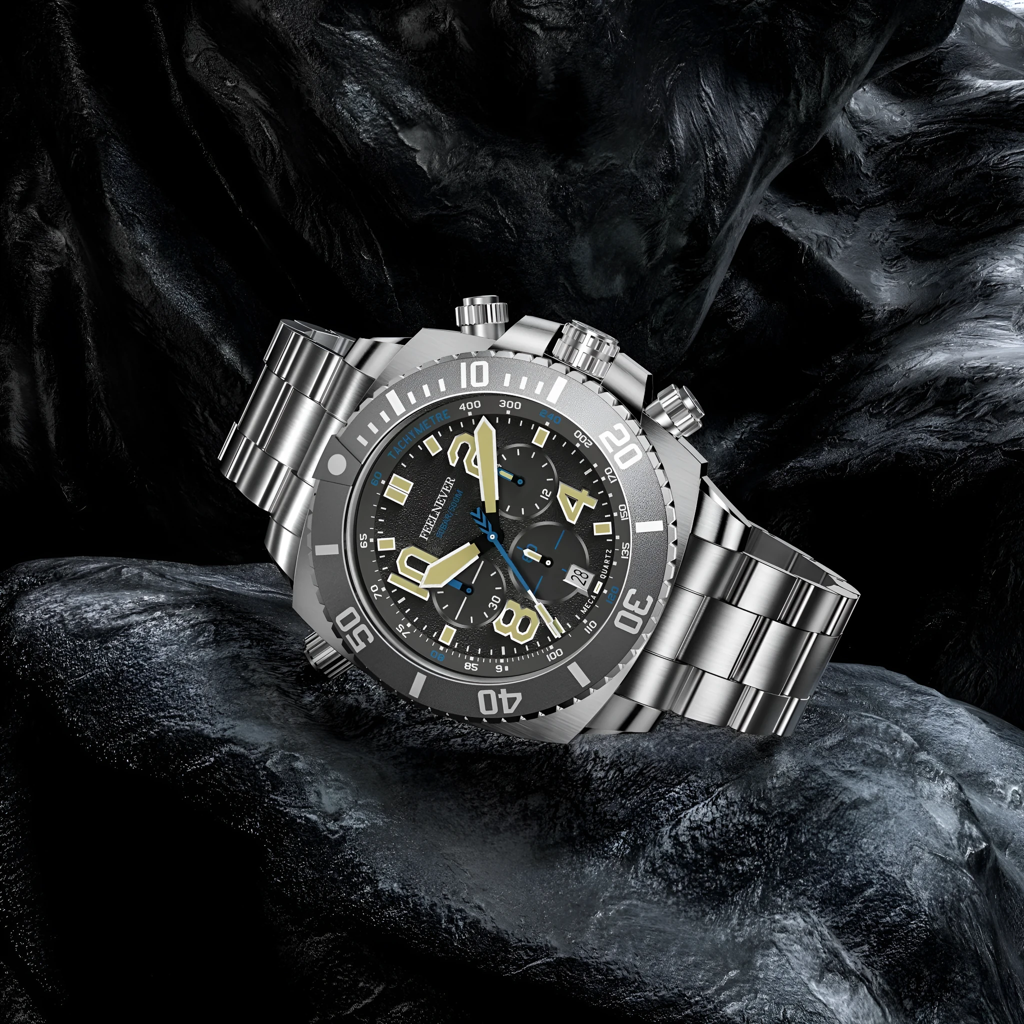 Business men's mechanical watch with luminous dial and steel belt in silver blue colour