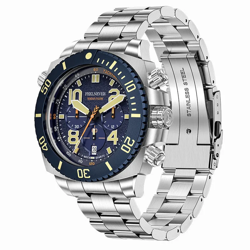 Business men's mechanical watch with luminous dial and steel belt in silver blue colour