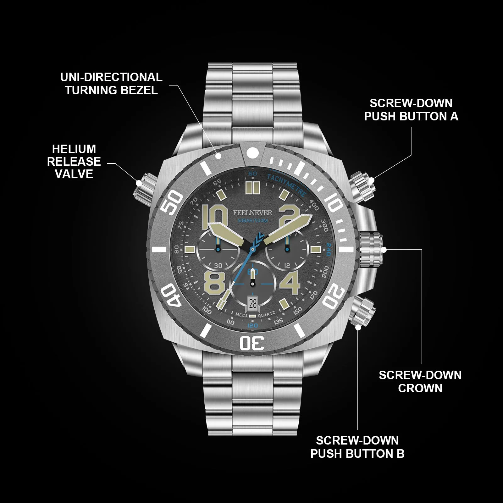 Business men's mechanical watch with luminous dial and steel belt in silver blue colour