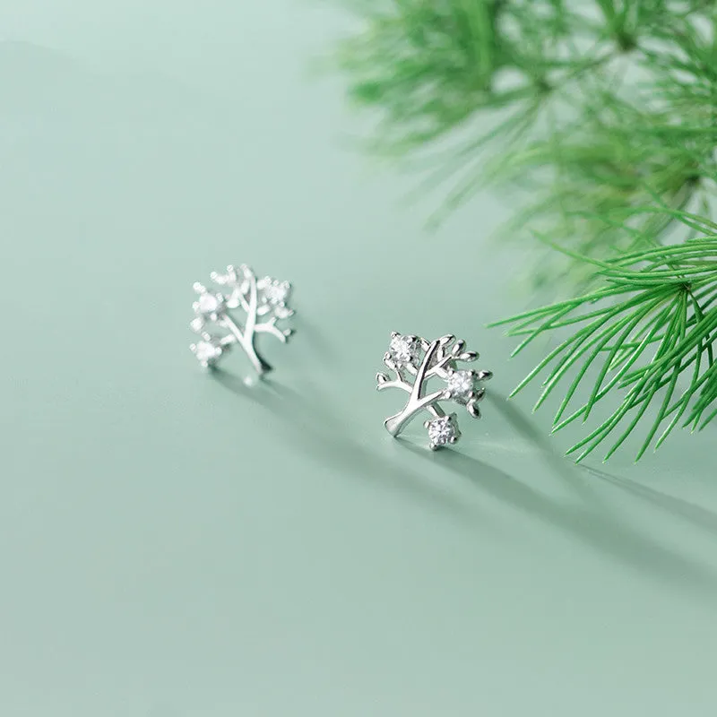 White gold coloured copper stud earrings with cute little tree design electroplated finish for women